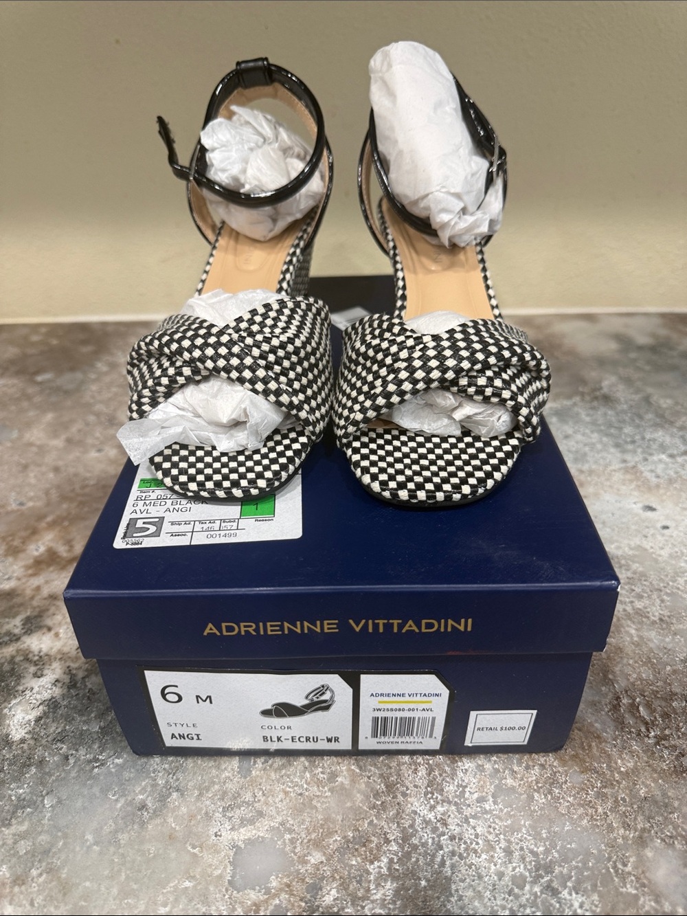Adrienne Vittadini Black & Ecru Woven Knotted Ankle-Strap Sandals